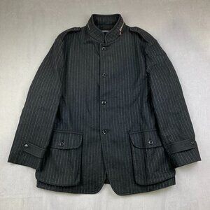 John Varvatos Mens Coat Size 56 XL Black Pinstripe Military Jacket Linen Wool